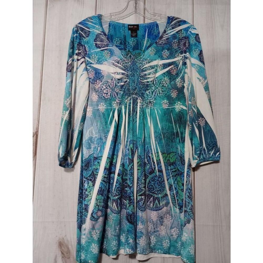Style & Co Jeans Womens Small Teal Blue Boho Beaded Empire Waist Tunic Top